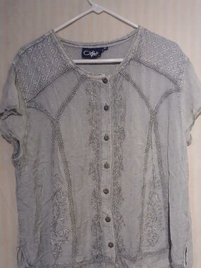 Celine Light Gray Embroidered Button-Down Blouse